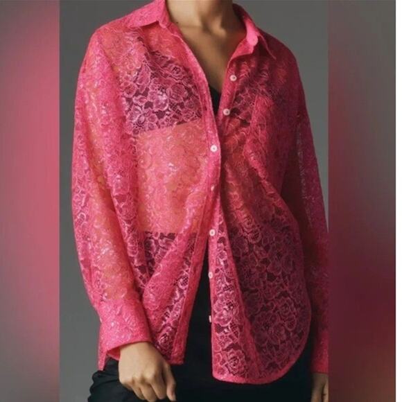 NWT Anthropologie Pink Metalic Lace Blouse XLP - Picture 2 of 10